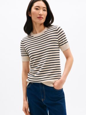 Lightweight Stripe Short-Sleeve Sweater, Classic Beige Multi Stripe