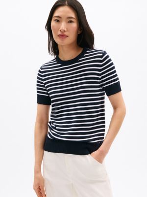 Lightweight Stripe Short-Sleeve Sweater, Navy Multi