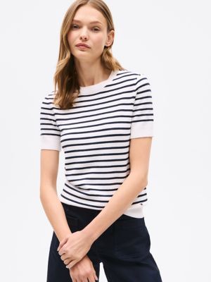 Lightweight Stripe Short-Sleeve Sweater, Ecru Multi Stripe