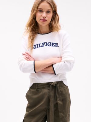Embroidered Hilfiger Logo Sweater, Ecru