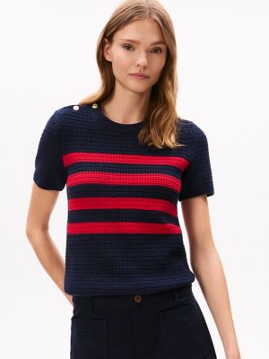 Gold Button Textured Knit Sweater, Navy Multi