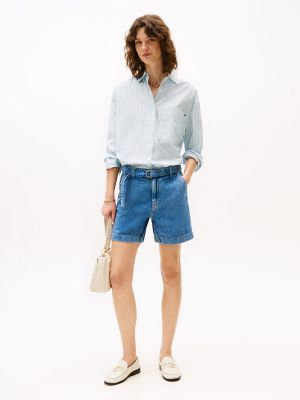High-Rise Belted Denim Short, Medium Wash