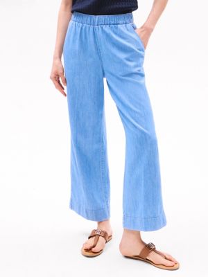 Pull-On Wide-Leg Ankle Pant, Light Wash Chambray