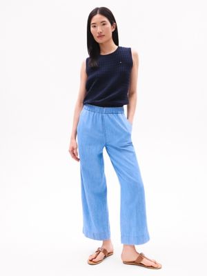 Pull-On Wide-Leg Ankle Pant, Light  Wash Chambry