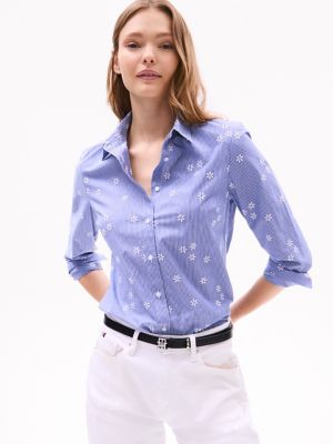 Embroidered Flower Stripe Shirt, Bright Marina Stripe