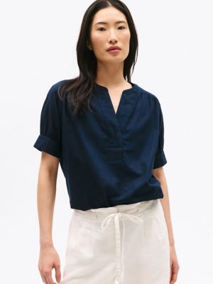 Linen-Blend Pullover Shirt, Navy