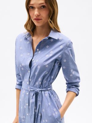 Embroidered Flower Stripe Shirtdress, Bright Marina Stripe