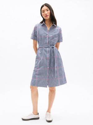 Short-Sleeve Gingham Print Shirtdress, Blue Ink
