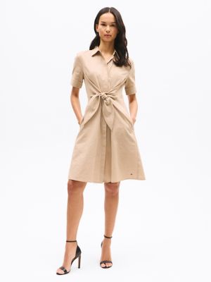 Linen Blend Tie-Front Shirtdress, Beige