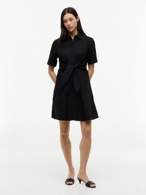 Linen Blend Tie-Front Shirtdress, Black