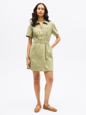 Short-Sleeve Zip Chino Utility Dress, Faded Olive