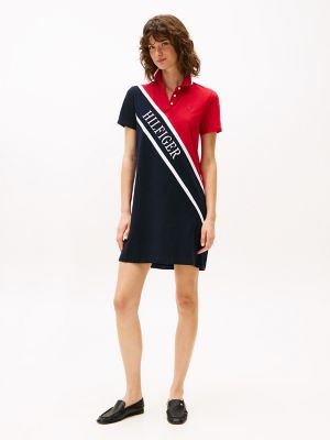 Banner Logo Stripe Logo Polo Dress, Navy Stripe