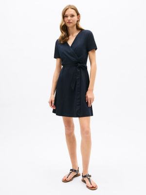 Short-Sleeve Faux Wrap Dress, Navy