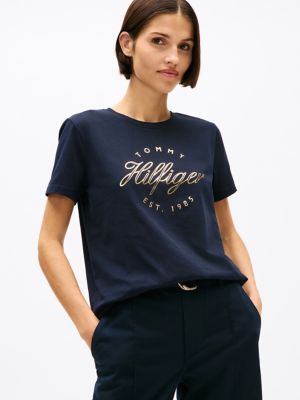 Metallic Script Hilfiger Logo T-Shirt, Navy