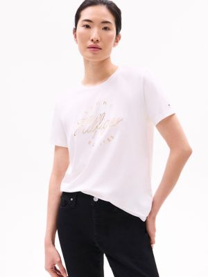 Metallic Script Hilfiger Logo T-Shirt, Ecru