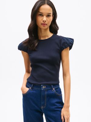 Mixed Media Shirred Cap-Sleeve T-Shirt, Navy