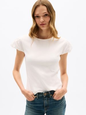 Mixed Media Shirred Cap-Sleeve T-Shirt, Ecru