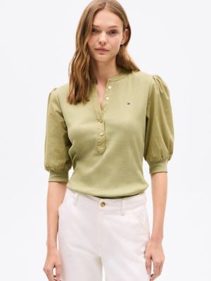 Puff-Sleeve Henley Top, Faded Olive