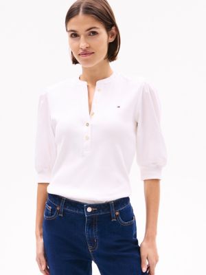 Puff-Sleeve Henley Top, Ecru
