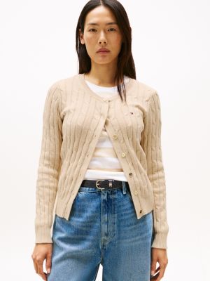 Cable Knit Cardigan, Beige Heather