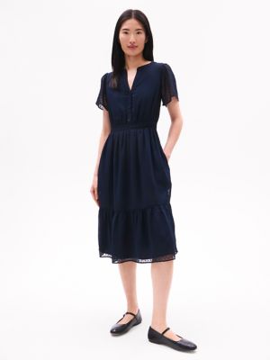 Short-Sleeve Clip-Dot Dress, Navy