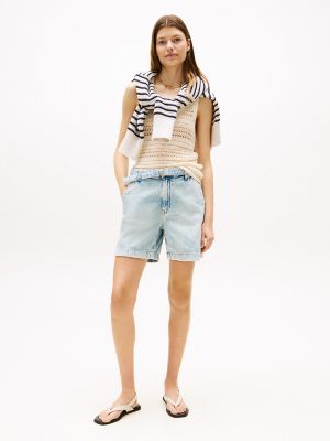 High-Rise Belted Denim Short, Light Wash