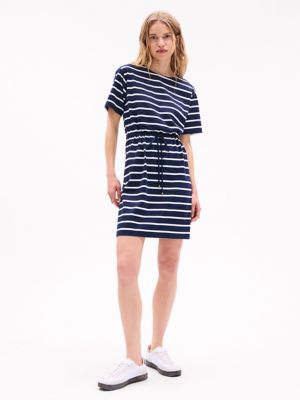 Stripe Belted Gold Button T-Shirt Dress, Navy Stripe