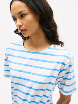 Stripe Belted Gold Button T-Shirt Dress, Optic White / Copenhagen Blue Stripe