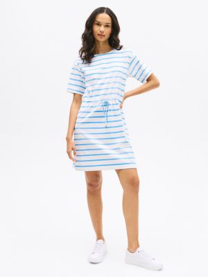 Stripe Belted Gold Button T-Shirt Dress, Optic White / Copenhagen Blue