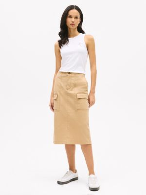 Stretch-Cotton Cargo Midi Skirt, Classic Khaki