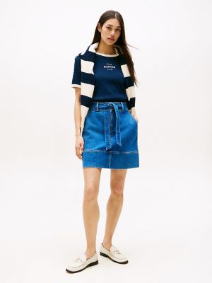 Belted Denim Mini Skirt, Medium Wash