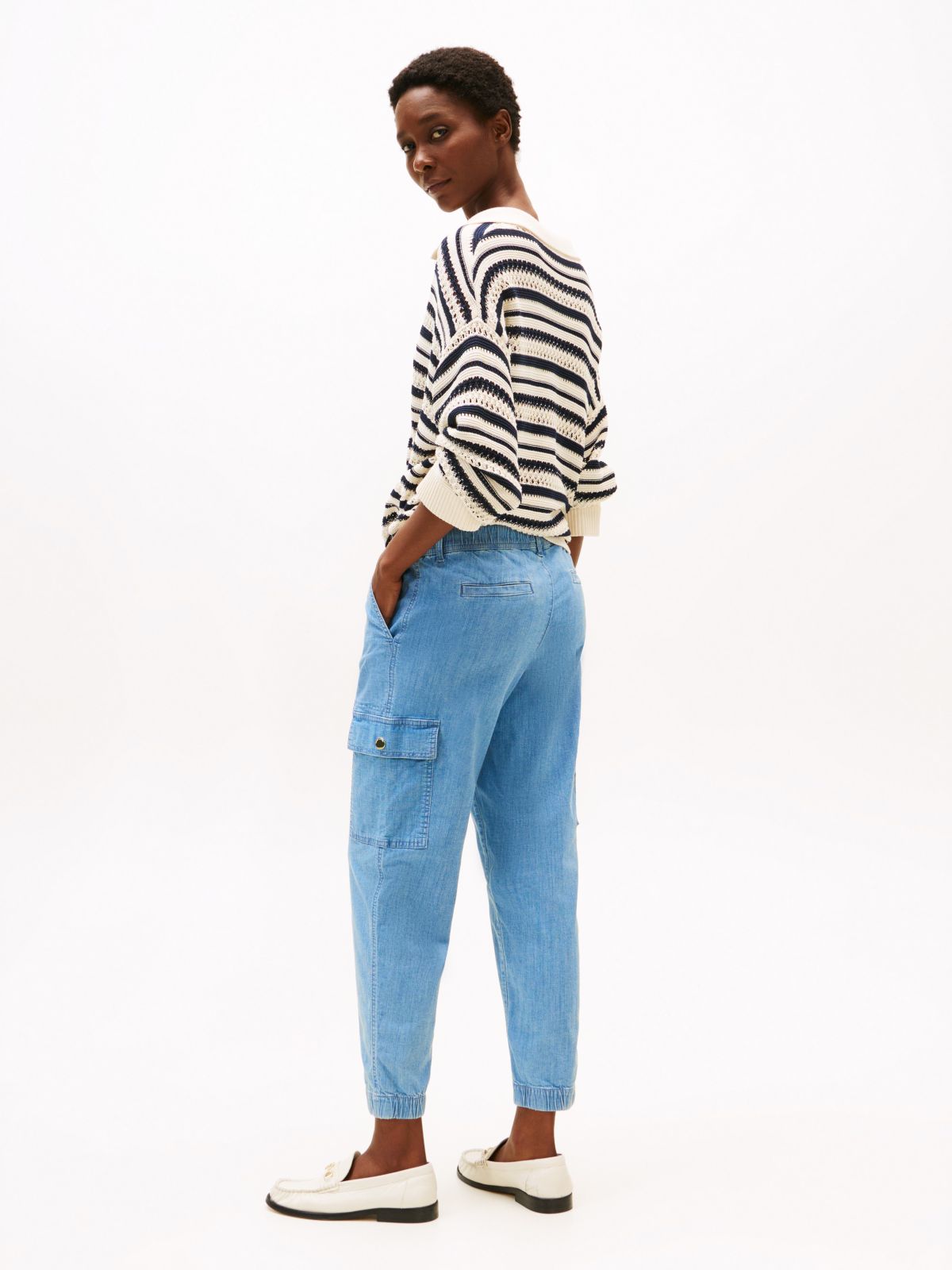 Belted Cargo Jogger — Light Wash Chambray