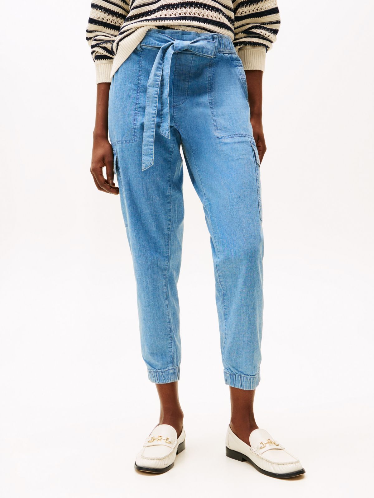 Belted Cargo Jogger — Light Wash Chambray