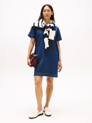 Short-Sleeve Denim Pullover Dress, Dark Wash