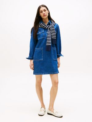 Long-Sleeve Denim Pullover Shirtdress, Dark Medium Wash
