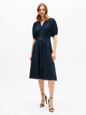 Linen Blend Puff-Sleeve Dress, Navy