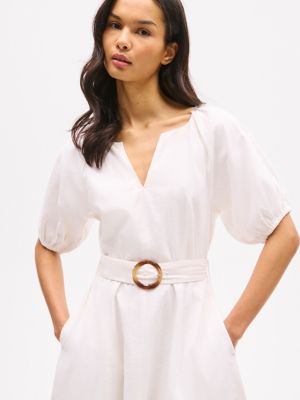 Linen Blend Puff-Sleeve Dress, Ecru
