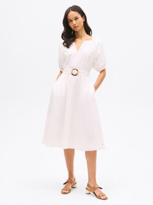 Linen Blend Puff-Sleeve Dress, Ecru