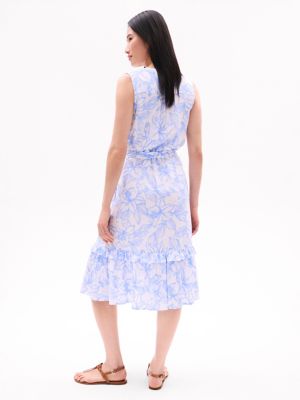 Sleeveless Tiered Floral Midi Dress, Blue Coral
