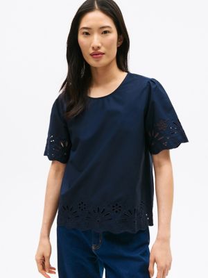 Embroidered Eyelet Top, Navy