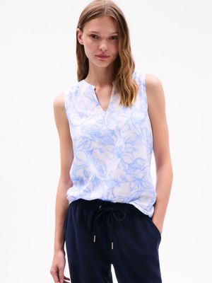 Sleeveless Floral Top, Blue Coral