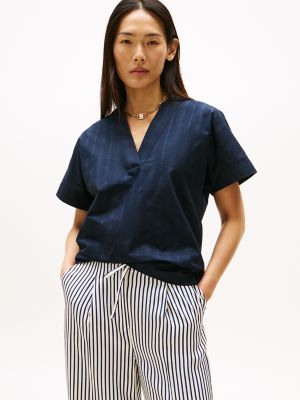Textured V-Neck Pullover Top, Navy