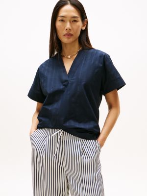 Textured V-Neck Pullover Top, Navy