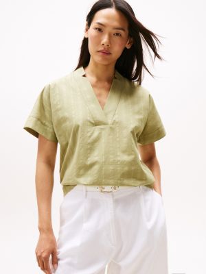 Textured V-Neck Pullover Top, Faded Olive