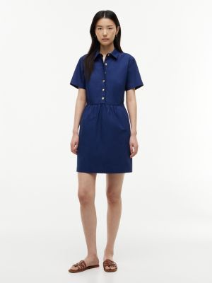 Short-Sleeve Gold-Button Dress, Preppy Navy