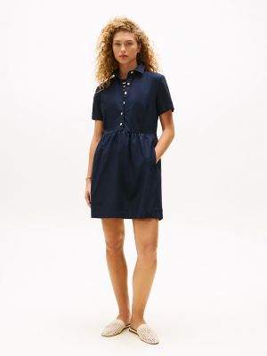 Short-Sleeve Gold-Button Dress, Navy