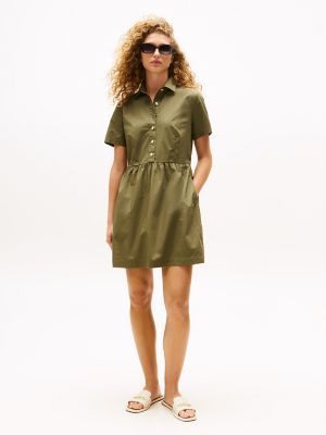 Short-Sleeve Gold-Button Dress, Utility Olive
