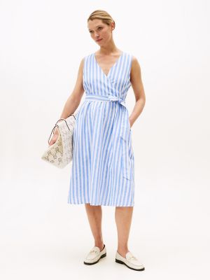 Sleeveless Stripe Wrap Midi Shirtdress, Blue Stripe