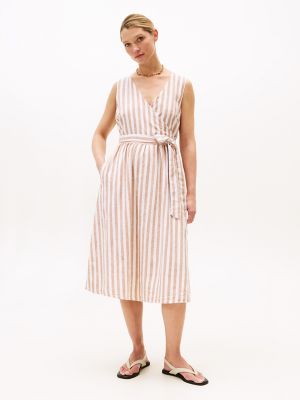 Sleeveless Stripe Wrap Midi Shirtdress, Khaki Stripe