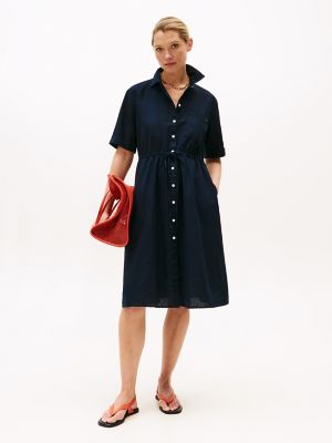 Linen-Cotton Blend Midi Shirtdress, Navy